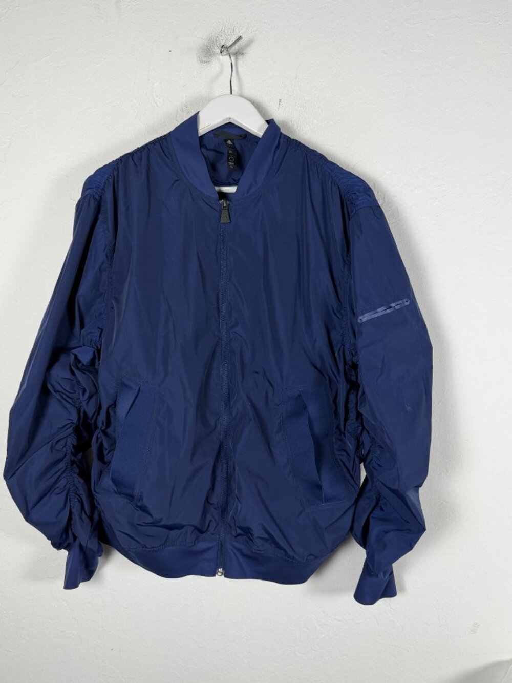 Adidas Navy Blue Ruched Sleeve Bomber Jacket Zip Up Women's Size XL Lightweight